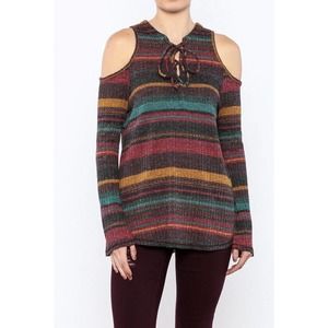 Elan Lace Up Top Blouse Cold Shoulder Multi-Color Long Sleeve MSRP $98